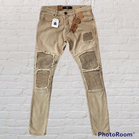 2Y Premium Edition Mens Slim Fit Distressed Khaki Jeans - Picture 1 of 15